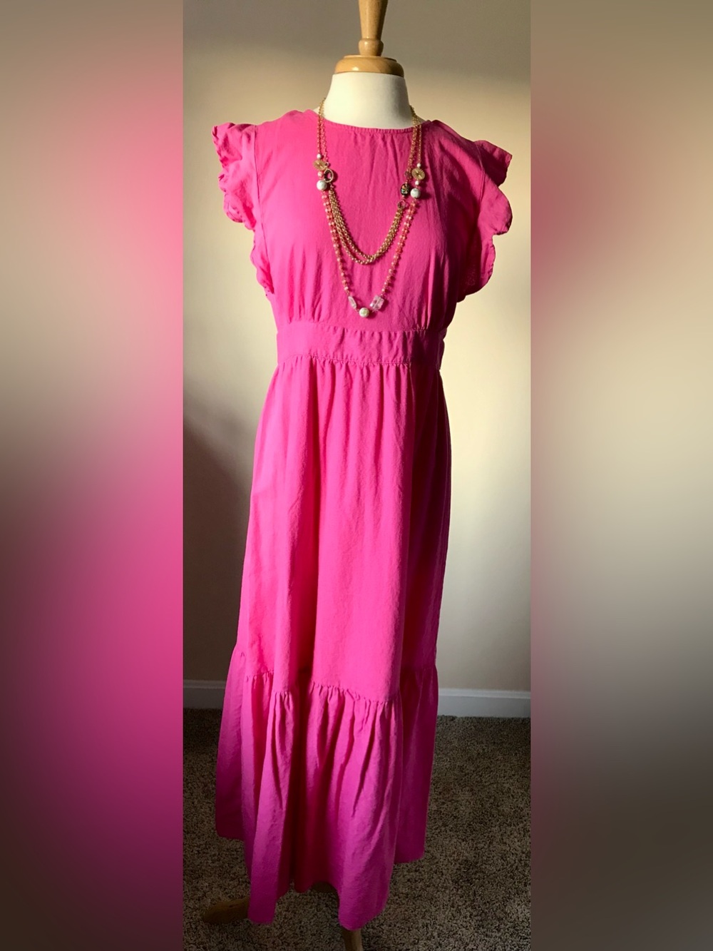 For Cynthia Vibrant Hot Pink Maxi Dress with Flutter Sleeves